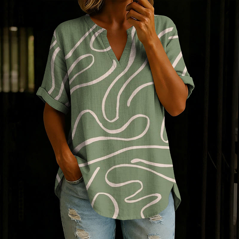 Abstract Print V-neck Short Sleeve Casual Blouse - Green - 5XL - image 1