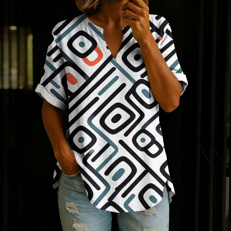 Modern Geometric Print V-neck Short Sleeve Casual Blouse - White - 5XL - image 1