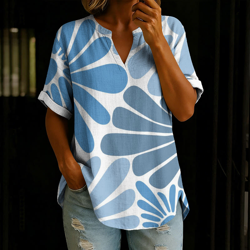 Botanical Print V-neck Short Sleeve Casual Blouse - White - 5XL - image 1