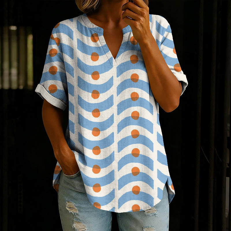 Stylish Geometric Pattern Print V-neck Short Sleeve Casual Blouse - White - 5XL - image 1