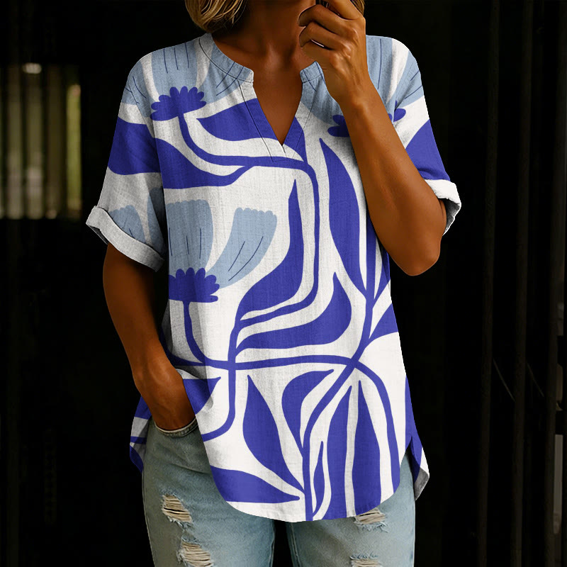 Casual Blue Abstract Pattern Print V-neck Short Sleeve Casual Blouse - White - 5XL - image 1