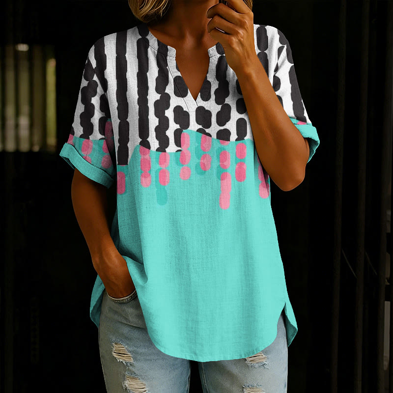 Stylish Geometric Pattern Print V-neck Short Sleeve Casual Blouse - Green - 5XL - image 1