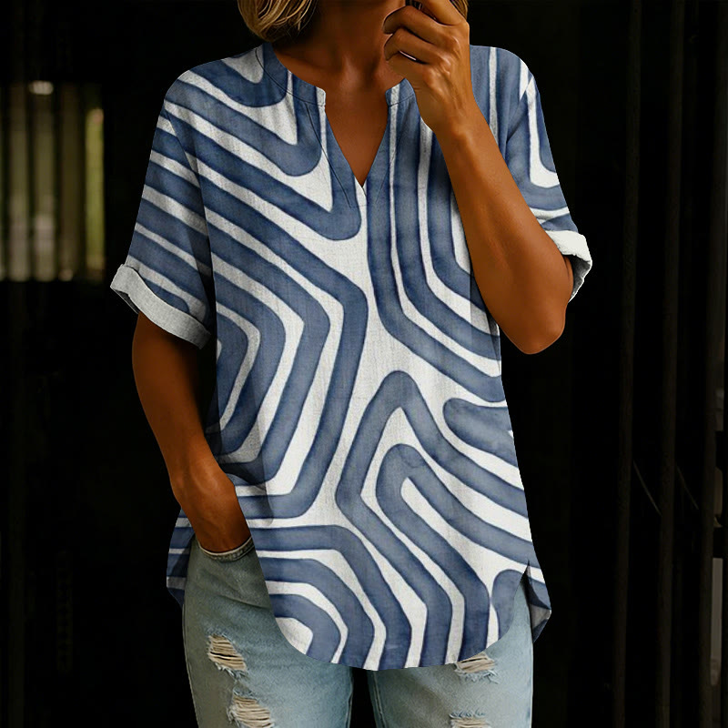 Trendy Geometric Pattern Print V-neck Short Sleeve Casual Blouse - White - 5XL - image 1