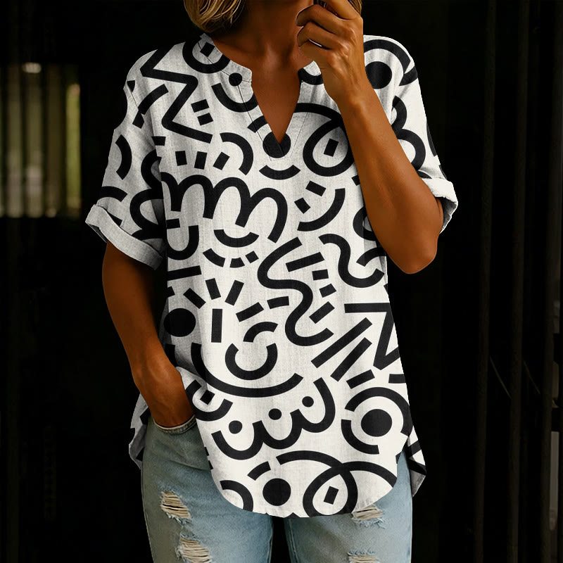 Casual Geometric Pattern Print V-neck Short Sleeve Casual Blouse - White - 5XL - image 1
