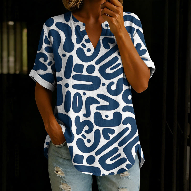 Women's Trendy Abstract Pattern Print V-neck Short Sleeve Casual Blouse - White - 5XL - image 1