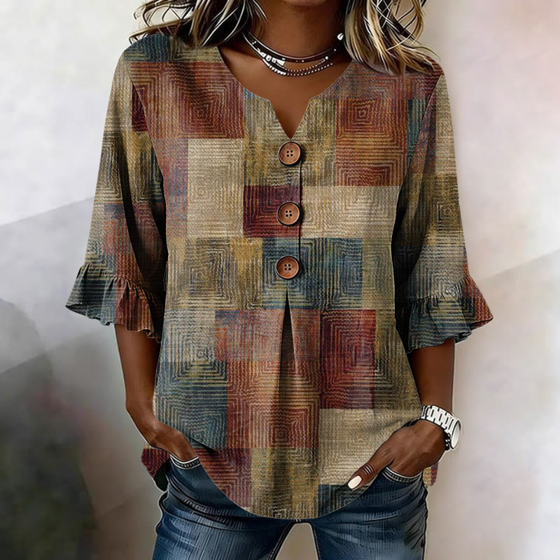 Retro Color-block Print Button V-neck Blouse With Ruffle Sleeves - Multicolor - US32-34(5XL) - image 1