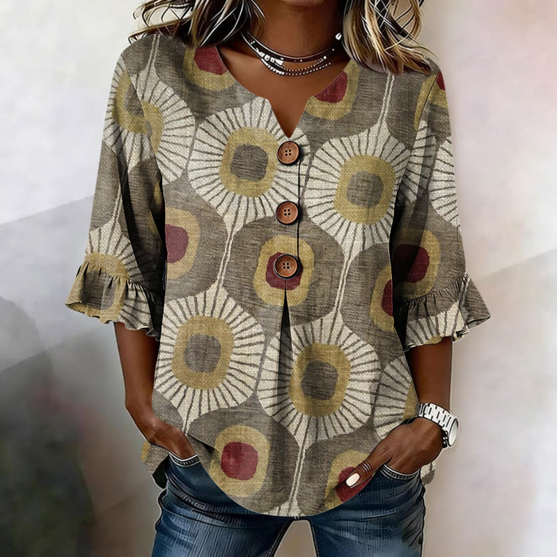 Vintage Geometric Pattern Print Button V-neck Blouse With Ruffle Sleeves - Khaki - US32-34(5XL) - image 1
