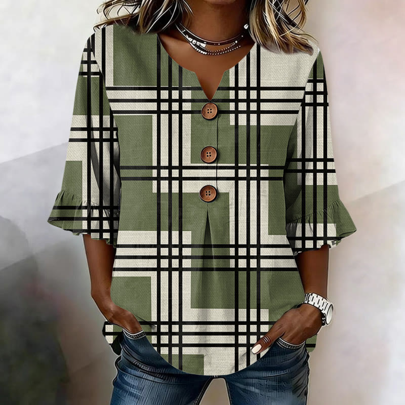 Modern Geometric Pattern Print Button V-neck Blouse With Ruffle Sleeves - Green - US32-34(5XL) - image 1
