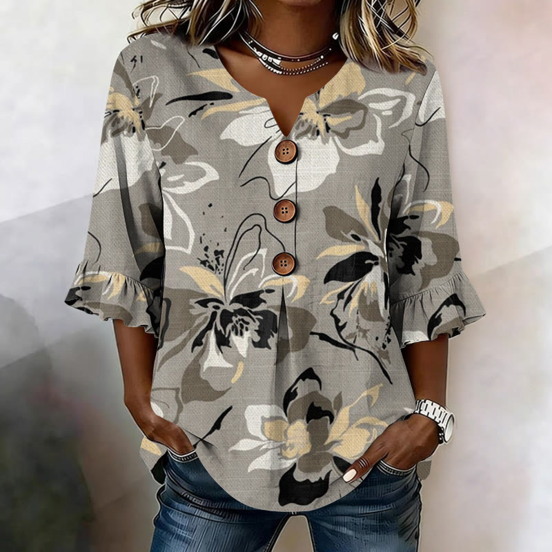 Women's Vintage Floral Print Button V-neck Blouse With Ruffle Sleeves - Grey - US32-34(5XL) - image 1