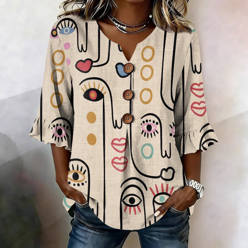 Women's Abstract Print Button V-neck Blouse With Ruffle Sleeves - Apricot - US32-34(5XL) - image 1