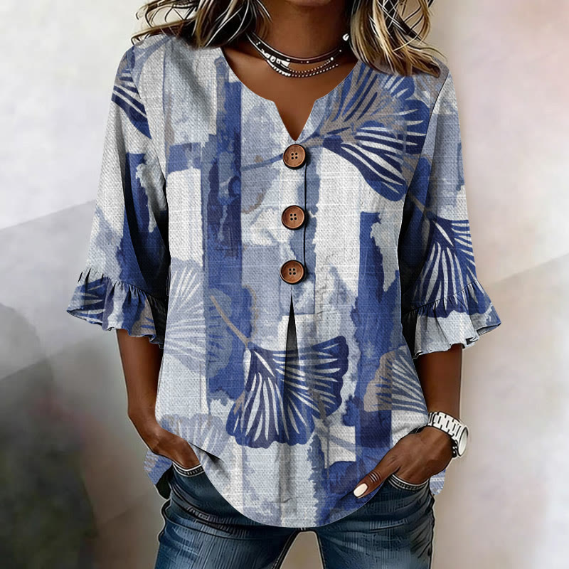 Botanical Art Print Button V-neck Blouse With Ruffle Sleeves - Blue - US32-34(5XL) - image 1