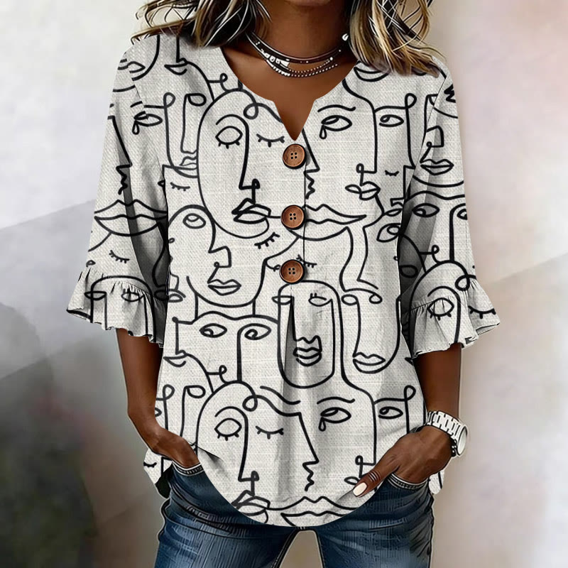 Ladies Abstract Art Print Button V-neck Blouse With Ruffle Sleeves - White - US32-34(5XL) - image 1