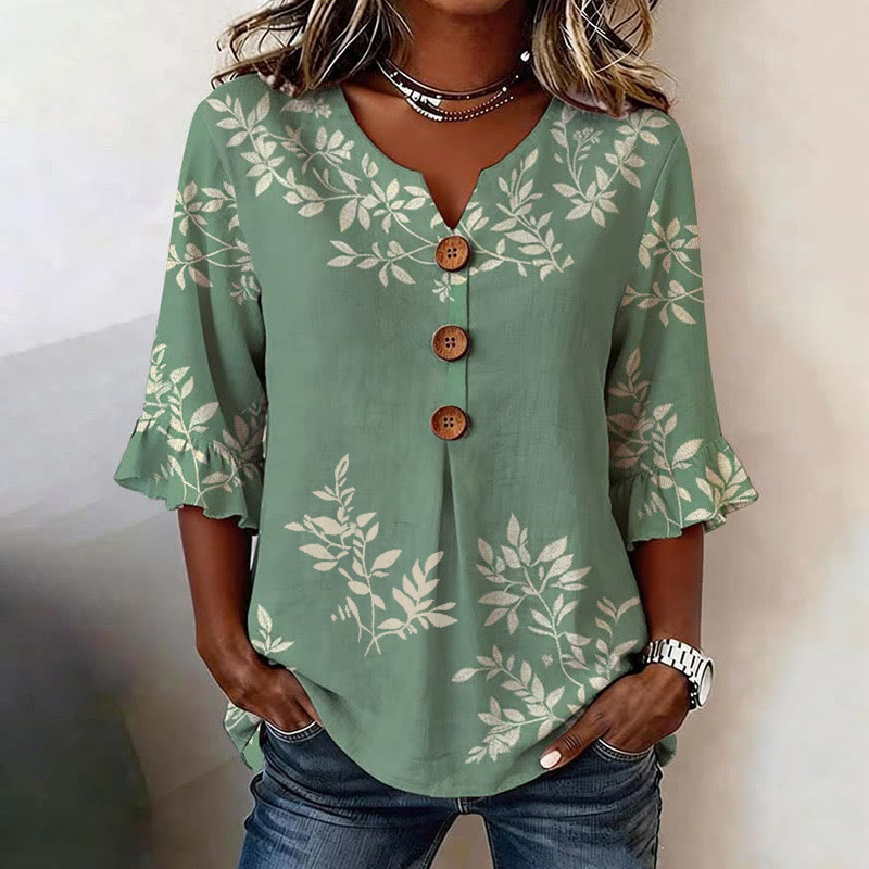 Boho Floral Pattern Art Print Button V-neck Blouse With Ruffle Sleeves - Green - US32-34(5XL) - image 1