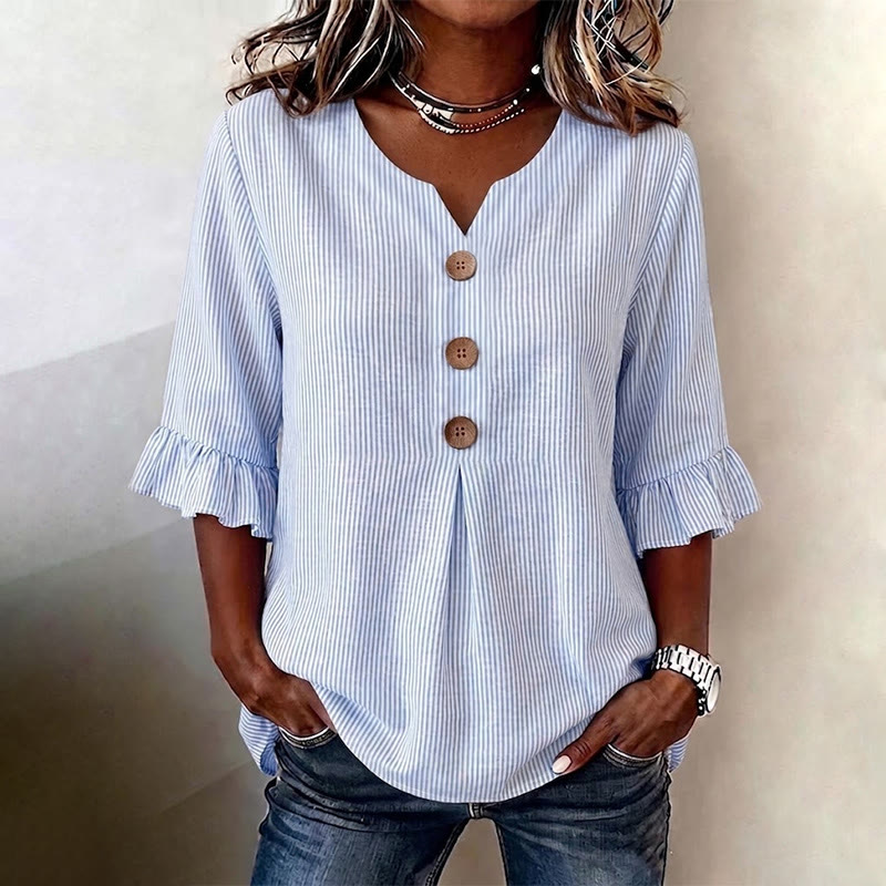 Women's Striped Print Button V-neck Blouse With Ruffle Sleeves - Blue - US 22 (4XL) - image 1