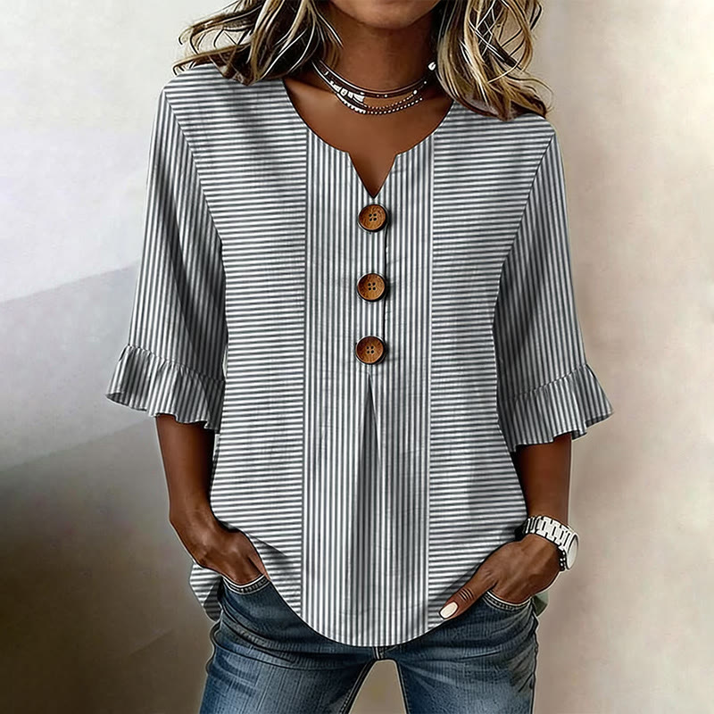 Geometric Line Patterns Print Button V-neck Blouse With Ruffle Sleeves - Black - US32-34(5XL) - image 1