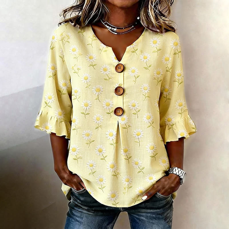 Daisy Print Button V-neck Blouse With Ruffle Sleeves - Yellow - US32-34(5XL) - image 1