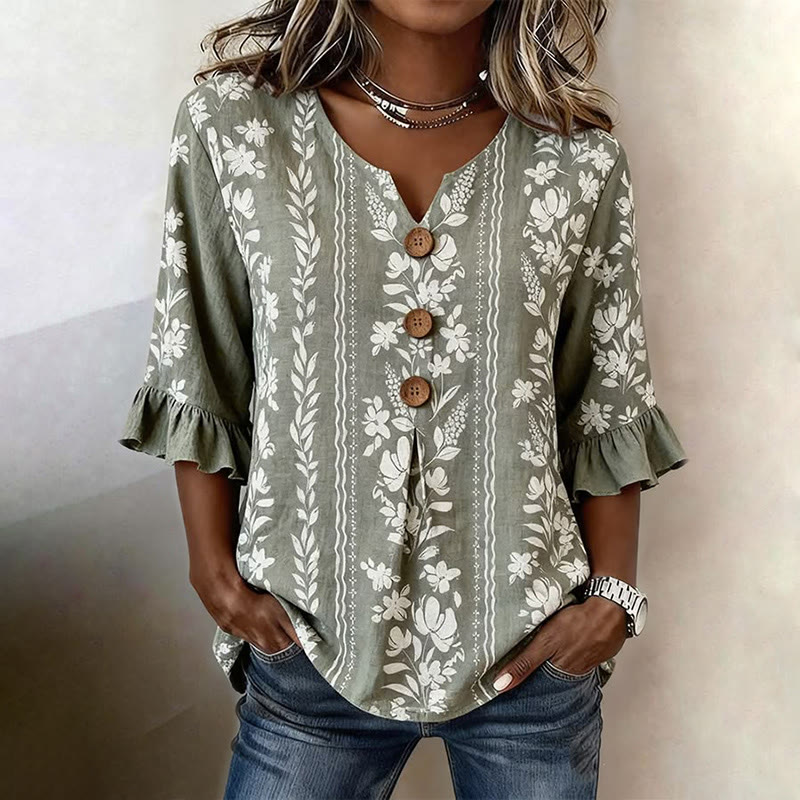 Stylish Floral Print Button V-neck Blouse With Ruffle Sleeves - Grey - US32-34(5XL) - image 1