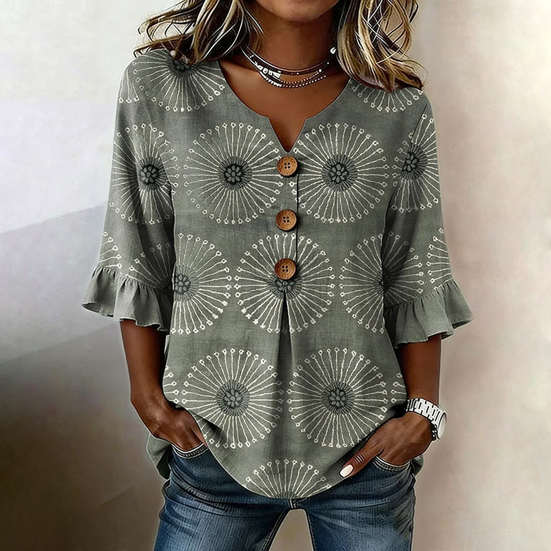 Boho Dandelion Print Button V-neck Blouse With Ruffle Sleeves - Grey - US32-34(5XL) - image 1