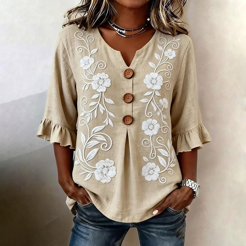 Retro Chic White Flower Print Button V-neck Blouse With Ruffle Sleeves - Yellow - US32-34(5XL) - image 1