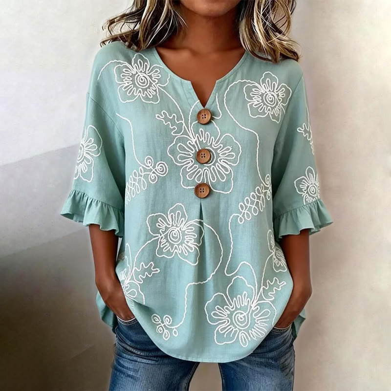 Mint Green Floral Print Button V-neck Blouse With Ruffle Sleeves - Light Blue - US 22 (4XL) - image 1