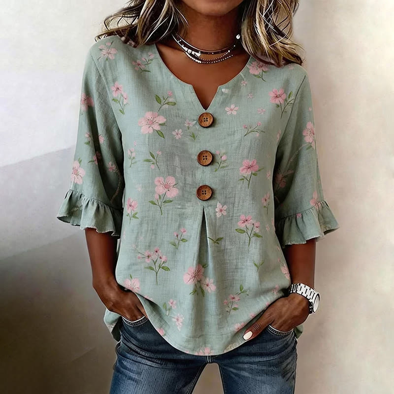 Boho Casual Small Flower Floral Print Button V-neck Blouse With Ruffle Sleeves - Green - US32-34(5XL) - image 1