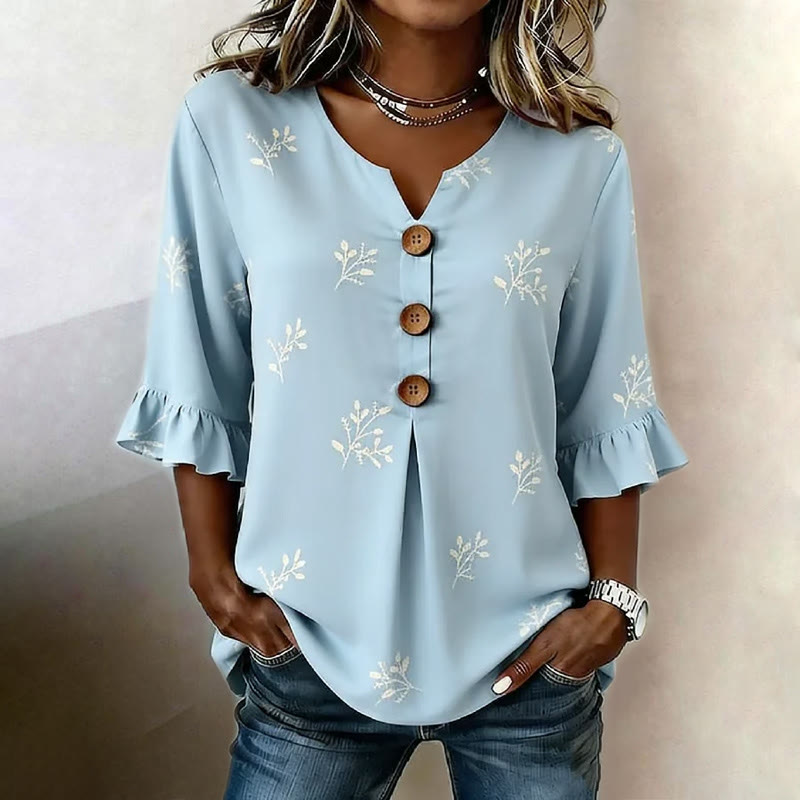 Vintage Floral Print Button V-neck Blouse With Ruffle Sleeves - Sky Blue - US 22 (4XL) - image 1