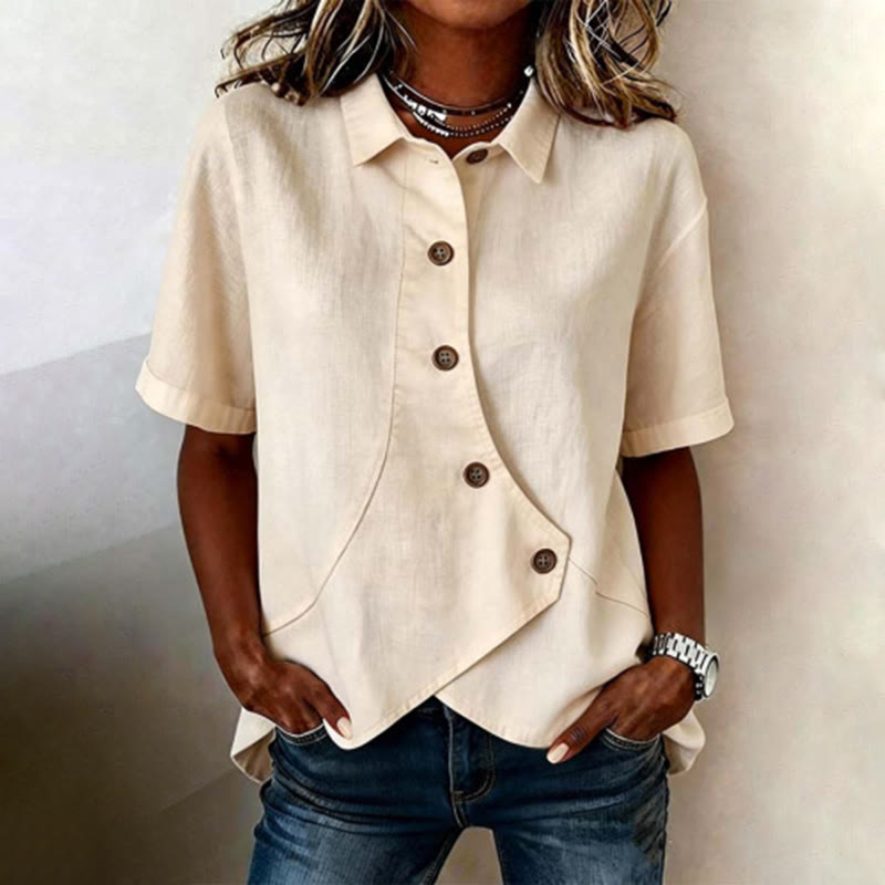 Elegant Solid Collared Button-up Short Sleeve Blouse - Apricot - 3XL - image 2