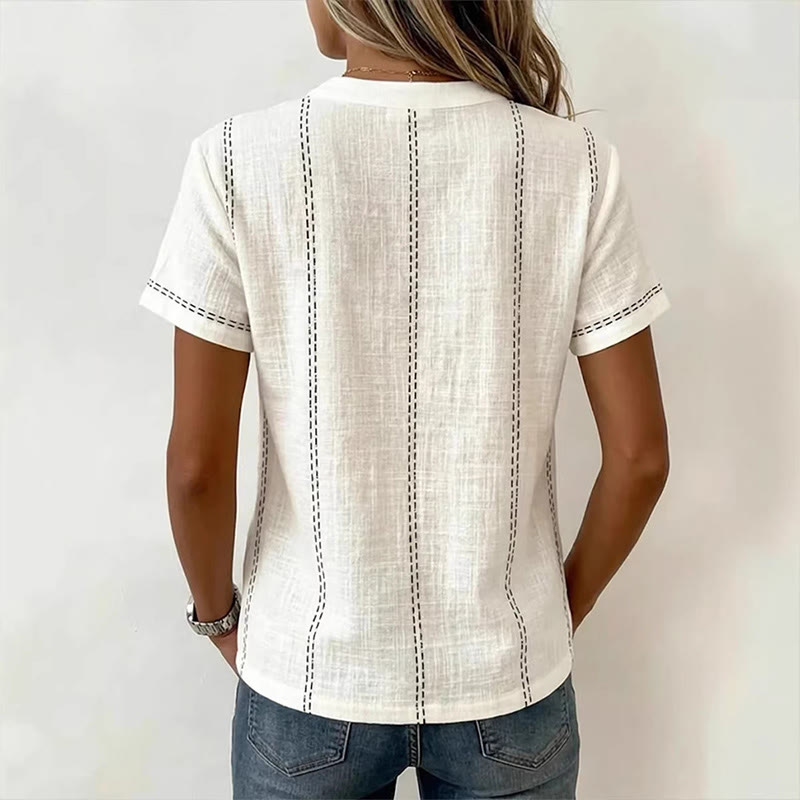 Women Casual Henley Neck Button Placket Short Sleeve Blouse - image 2