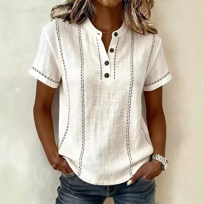 Women Casual Henley Neck Button Placket Short Sleeve Blouse - White - 3XL - image 1