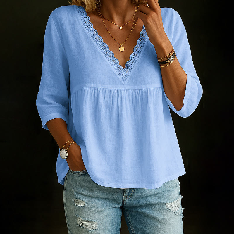 White V-neck 3/4 Sleeve Loose Fit Blouse - Sky Blue - 3XL - image 2