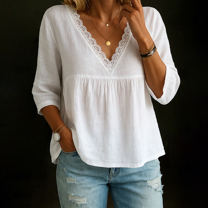 White V-neck 3/4 Sleeve Loose Fit Blouse - White - 3XL - image 1