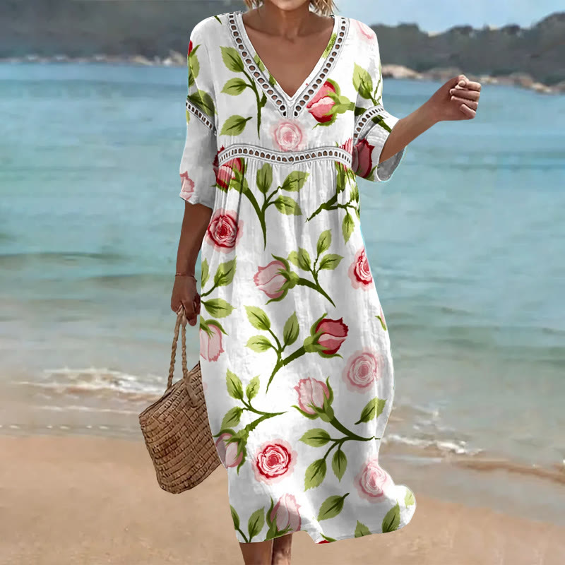 Elegant Watercolor Roses Print Openwork Lace V-neck Half Sleeve Maxi Dress - White - US 16-18 (4XL) - image 1
