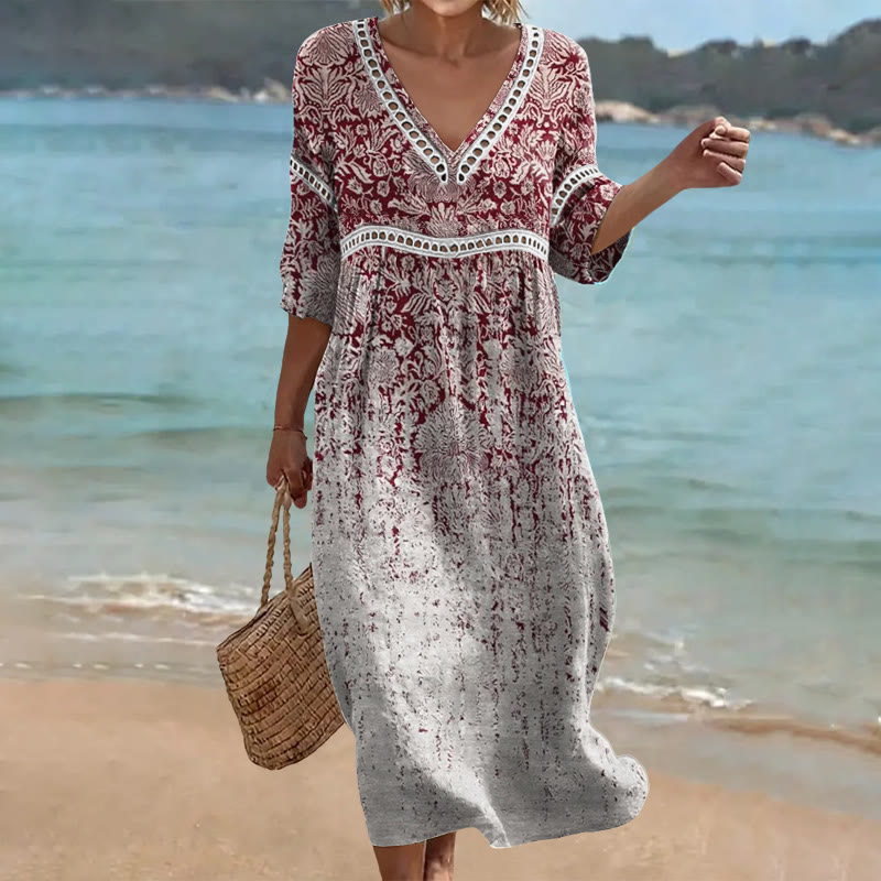 Vintage Graduated Ethnic Patterns Print Openwork Lace V-neck Half Sleeve Maxi Dress - Wine - US 16-18 (4XL) - image 1