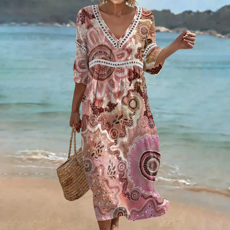 Vintage Hippie Abstract Florals Print Openwork Lace V-neck Half Sleeve Maxi Dress - Pink - US 16-18 (4XL) - image 1