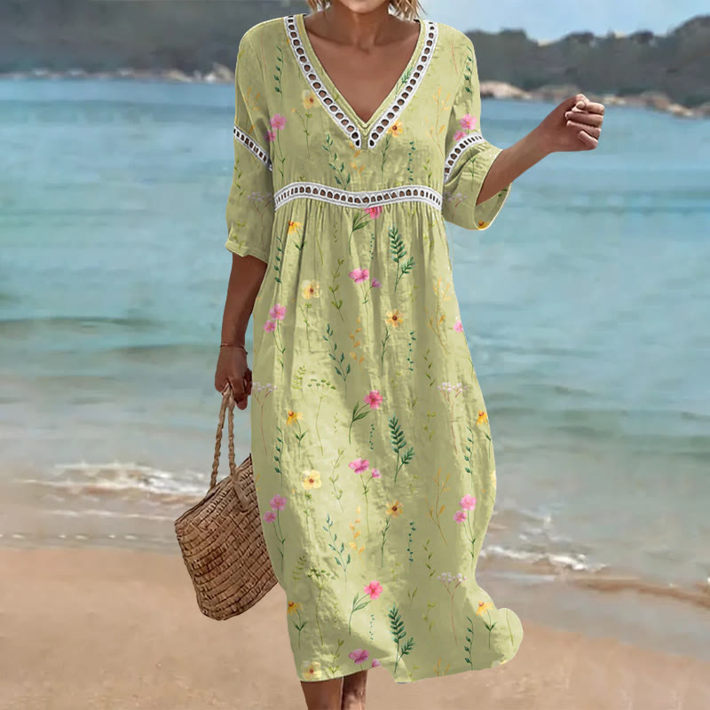 Vintage Simple Floral Print Openwork Lace V-neck Half Sleeve Maxi Dress - Green - US 16-18 (4XL) - image 1