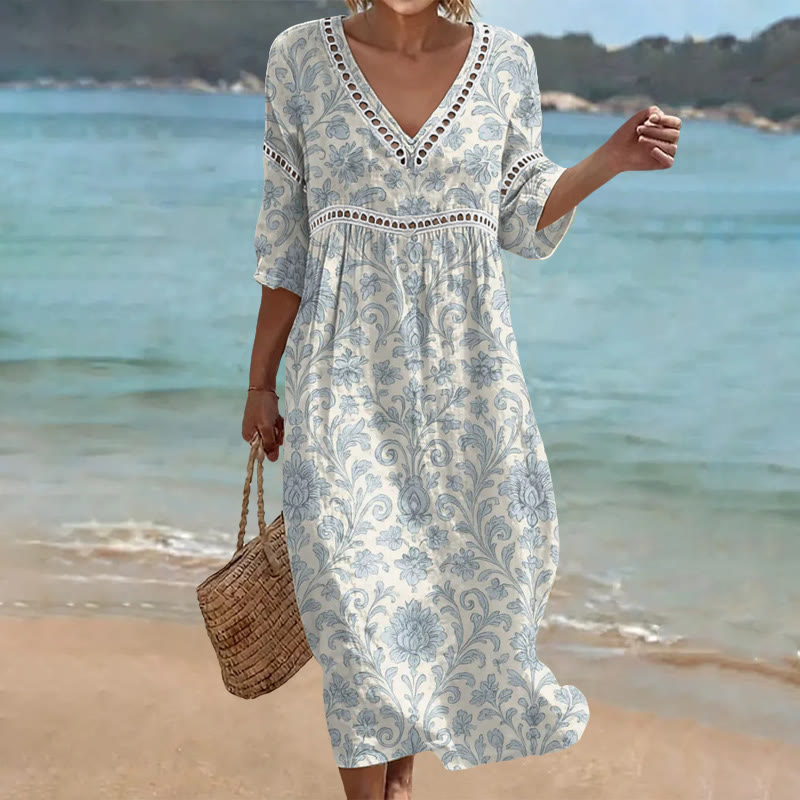 Vintage Ethnic Scrolling Vine Motif Print Openwork Lace V-neck Half Sleeve Maxi Dress - Light Blue - US 16-18 (4XL) - image 1