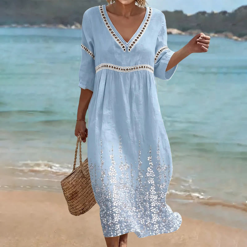 Vintage Polka-dot-edged Flowers Print Openwork Lace V-neck Half Sleeve Maxi Dress - Light Blue - 4XL - image 1