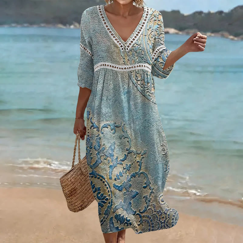 Bohho Ethnic Totem Textures Print Openwork Lace V-neck Half Sleeve Maxi Dress - Light Blue - US 16-18 (4XL) - image 1