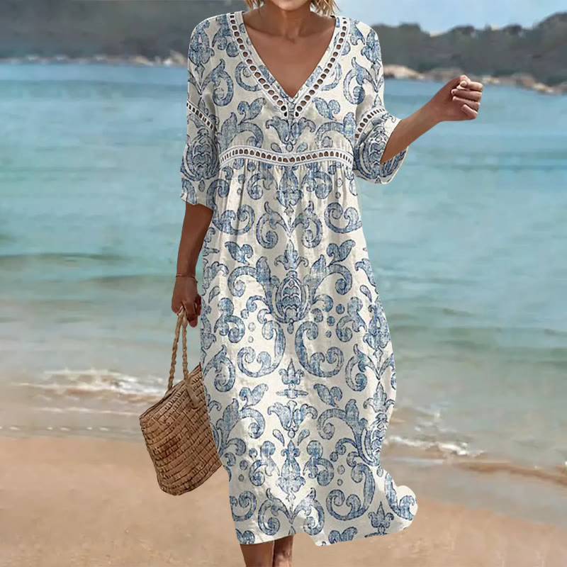Bohho Watercolor Totem Print Openwork Lace V-neck Half Sleeve Maxi Dress - Light Blue - US 16-18 (4XL) - image 1