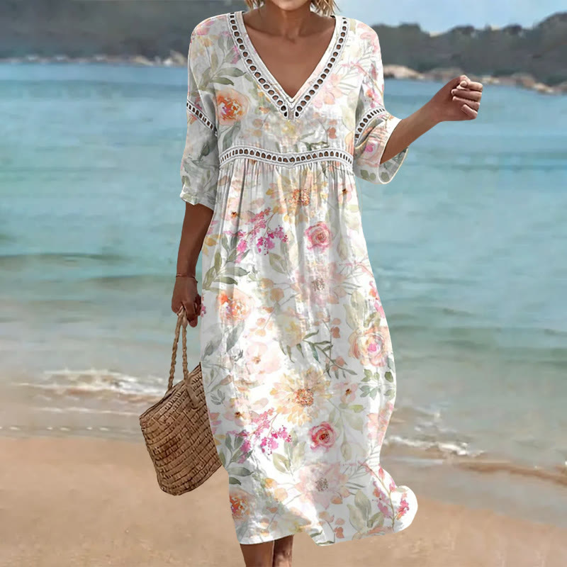 Elegant Vibrant Watercolor Flowers Print Openwork Lace V-neck Half Sleeve Maxi Dress - White - US 16-18 (4XL) - image 1
