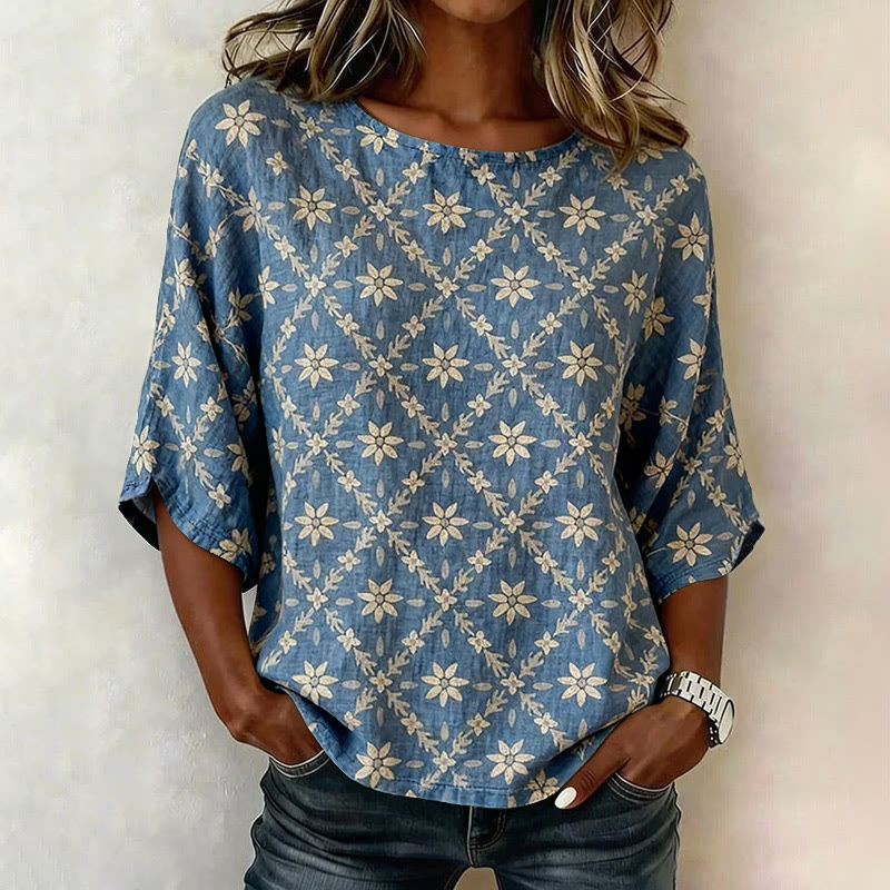 Boho Daisy Pattern Print 3/4 Sleeve Casual Blouse - Blue - 4XL - image 2