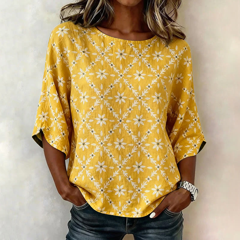 Boho Daisy Pattern Print 3/4 Sleeve Casual Blouse - Yellow - 4XL - image 1