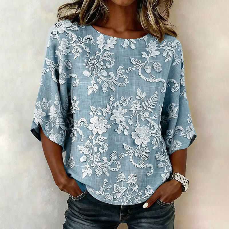 Vintage Flower Pattern Print 3/4 Sleeve Casual Blouse - Blue - 4XL - image 2