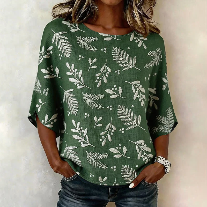 Boho Chic Botanical Pattern Print 3/4 Sleeve Casual Blouse - Green - 4XL - image 1