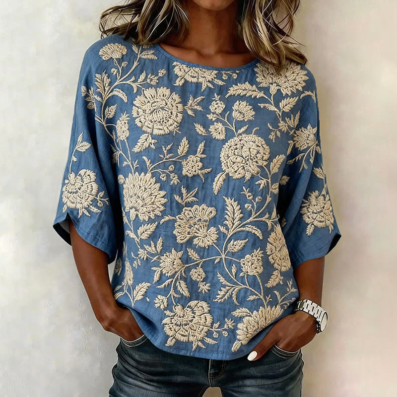 Vintage Floral Vine Print 3/4 Sleeve Casual Blouse - Blue - 4XL - image 1