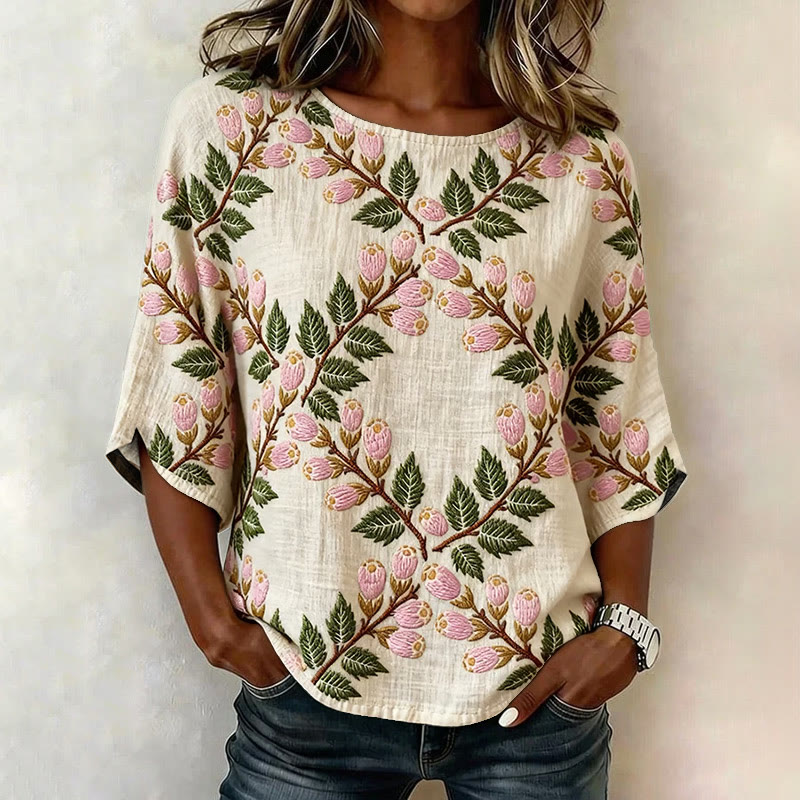 Nature Plant Print 3/4 Sleeve Casual Blouse - Apricot - 4XL - image 1