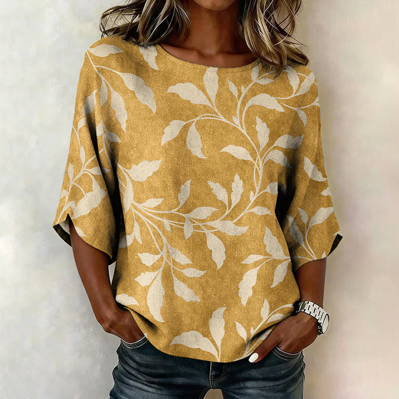 Casual Boho Foliage Pattern Print 3/4 Sleeve Casual Blouse - Yellow - 4XL - image 1