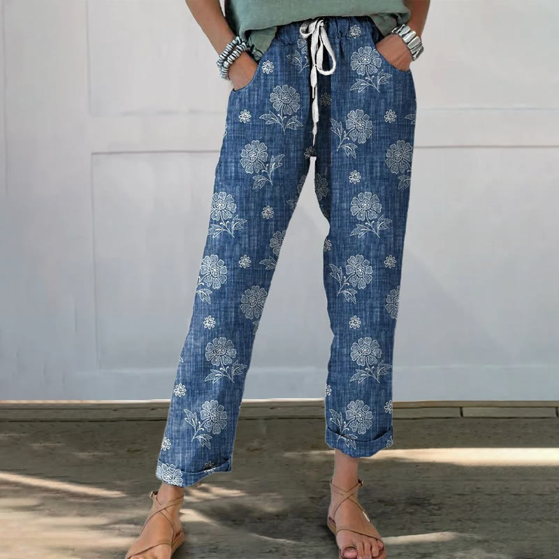 Elegant Floral Texture Print Casual Pocket Pants  - Blue - 5XL - image 1