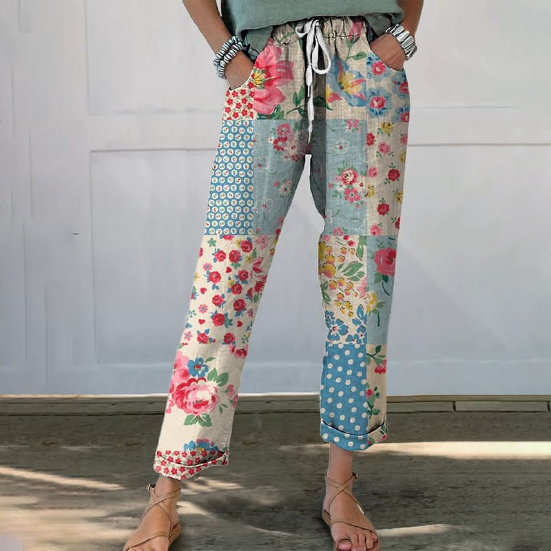 Pastoral Romantic Floral Patchwork Print Casual Pocket Pants  - Blue - 5XL - image 1