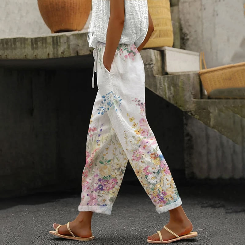 Elegant Wildflowers Watercolor Art Print Casual Pocket Pants  - White - 5XL - image 1
